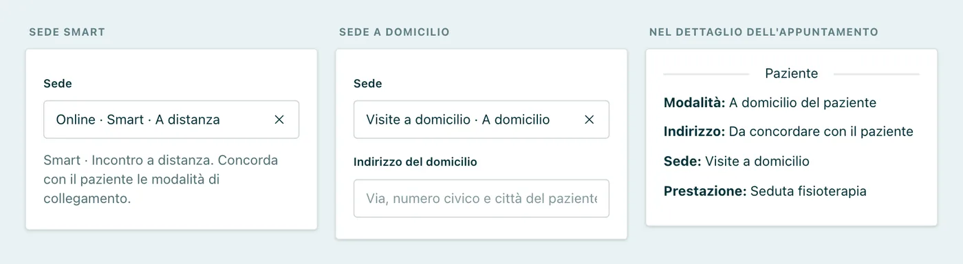 Sedi Smart e a domicilio Con una sede Smart compare solo la nota sull'incontro a distanza; con una sede a domicilio il campo «Indirizzo del domicilio»; nel dettaglio le righe Modalità e Indirizzo.