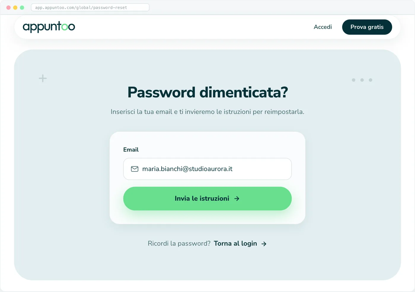 Password dimenticata La pagina per ricevere via email le istruzioni di reimpostazione, con il link «Torna al login».