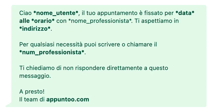 Appuntoo - Template messaggio WhatsApp con variabili dinamiche