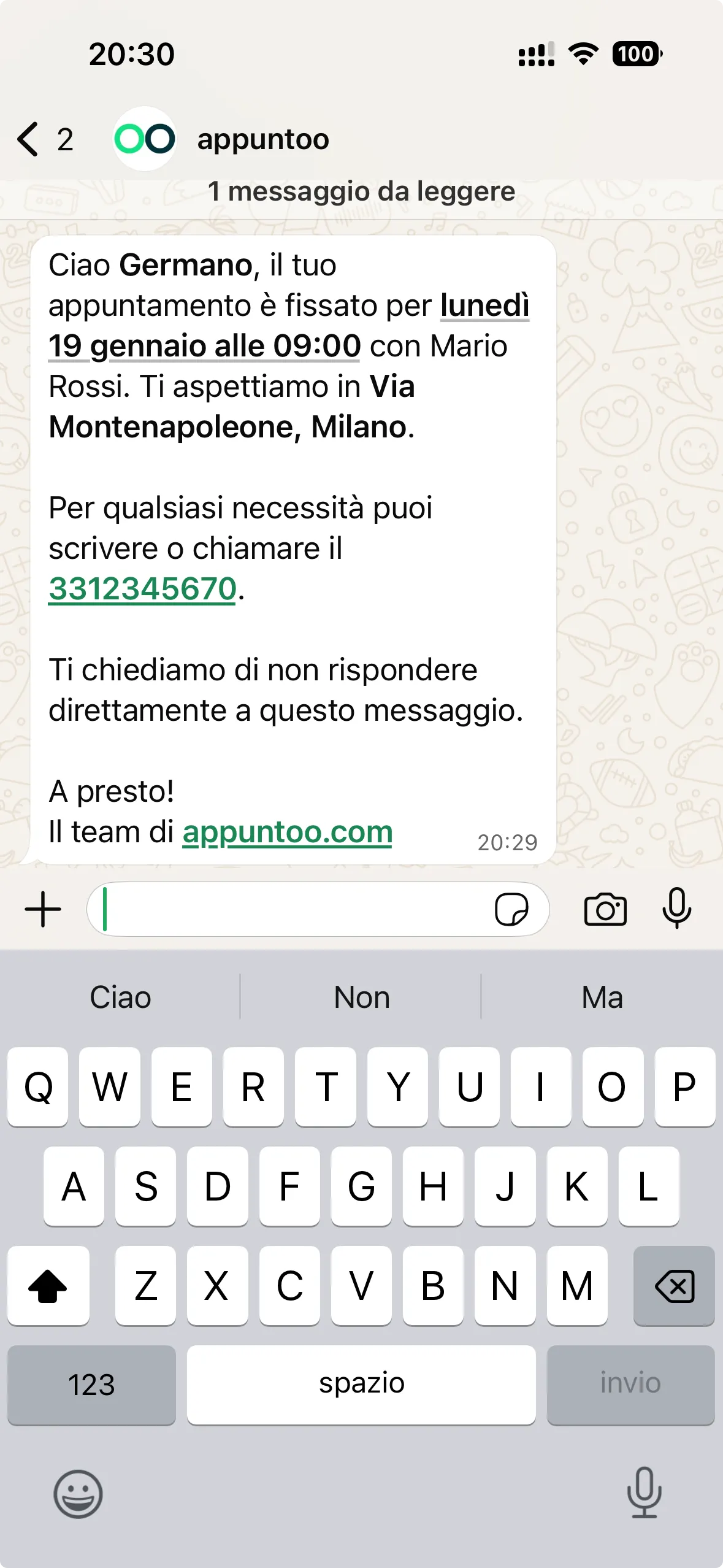 Promemoria WhatsApp ricevuto dal paziente