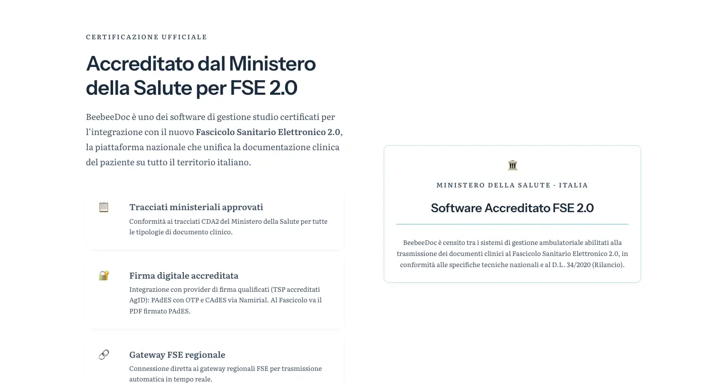 Pagina di BeebeeDoc sull'accreditamento per il Fascicolo Sanitario Elettronico 2.0, con tracciati CDA2, firma digitale PAdES e collegamento al gateway regionale