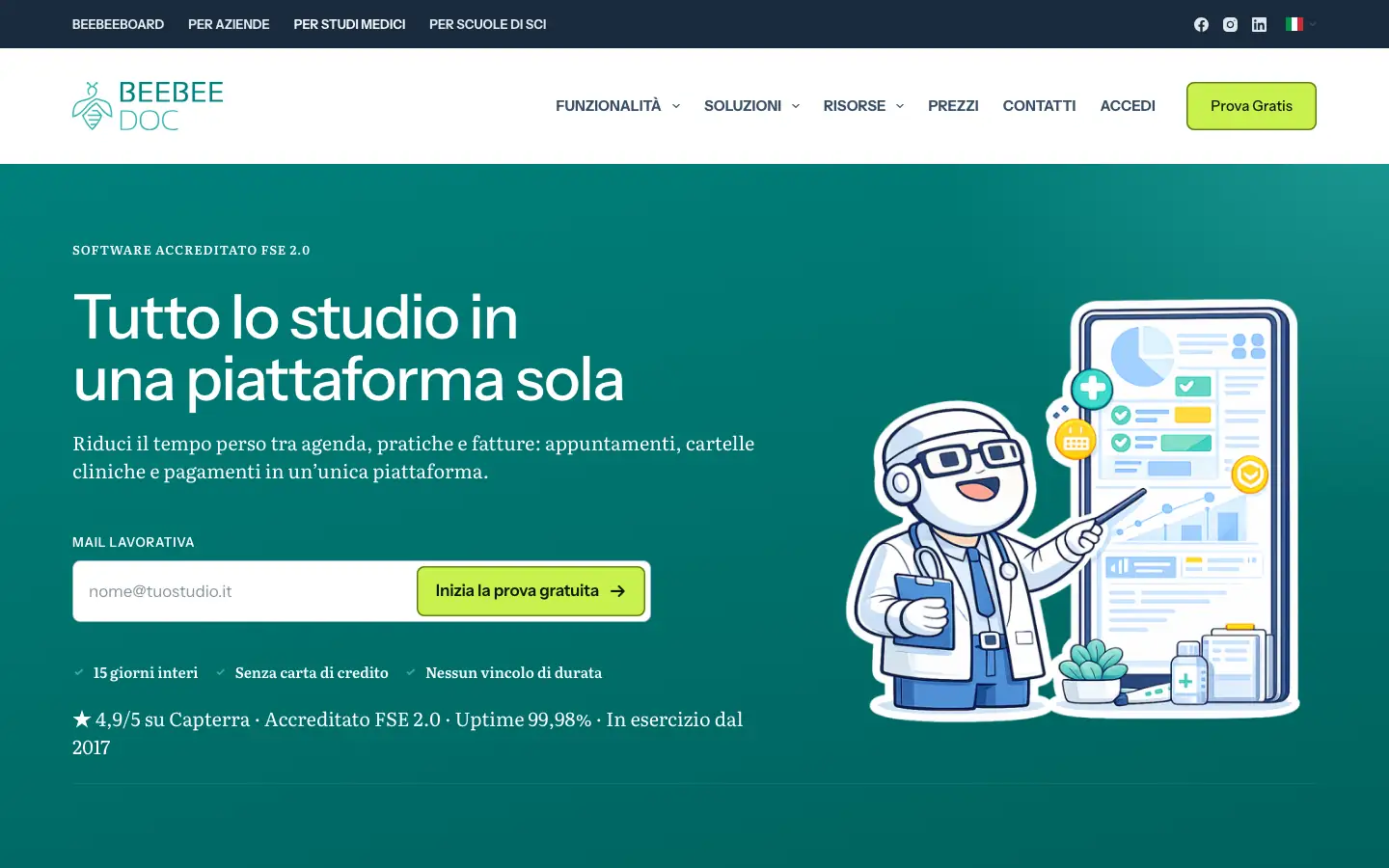 Homepage di BeebeeDoc con il titolo «Tutto lo studio in una piattaforma sola», il modulo per la prova gratuita di 15 giorni e i riferimenti a Capterra, FSE 2.0 e uptime