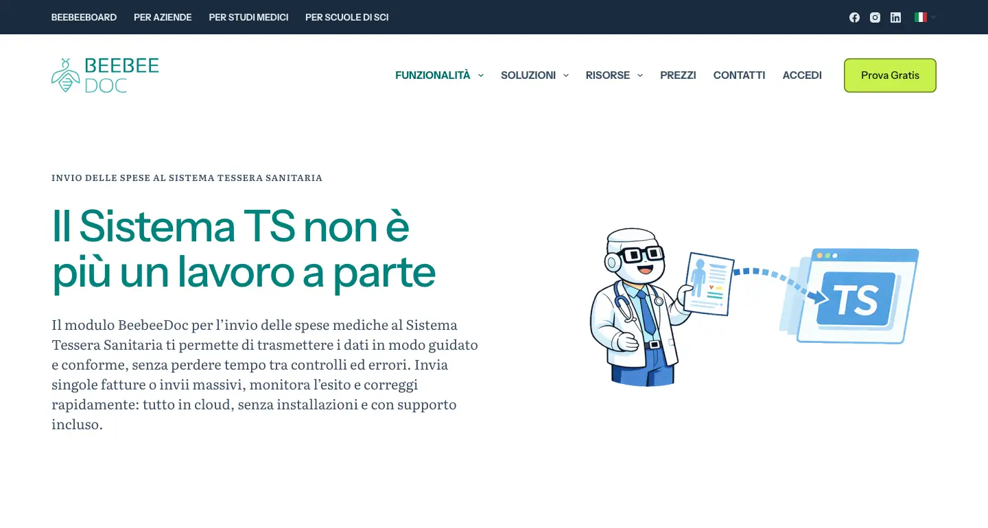 Pagina di BeebeeDoc sull'invio delle spese al Sistema Tessera Sanitaria, con il titolo «Il Sistema TS non è più un lavoro a parte» e la descrizione di invii singoli o massivi