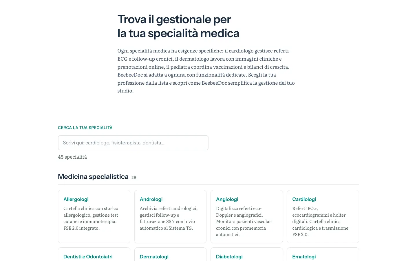 Pagina «BeebeeDoc per la tua specialità» con la ricerca tra 45 specialità e le prime schede della medicina specialistica: allergologi, andrologi, angiologi e cardiologi