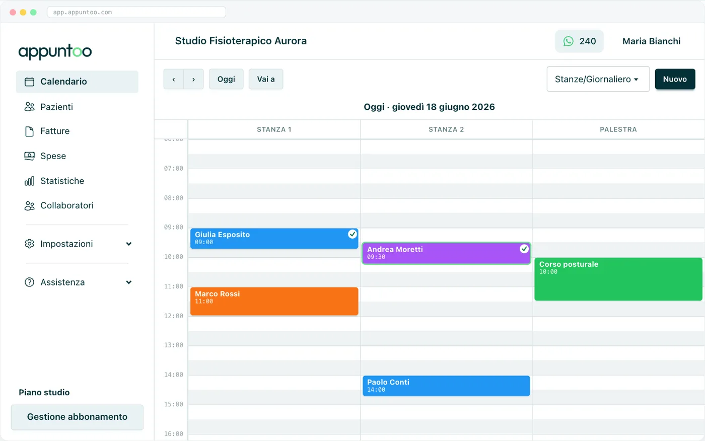 Appuntoo: vista del calendario per stanze, utile per organizzare le poltrone dello studio