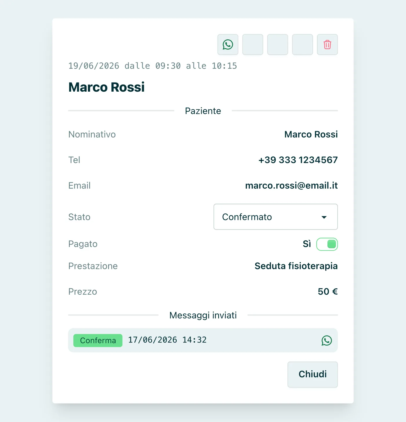 Appuntoo - Dettaglio di un appuntamento con data, stato e messaggi inviati