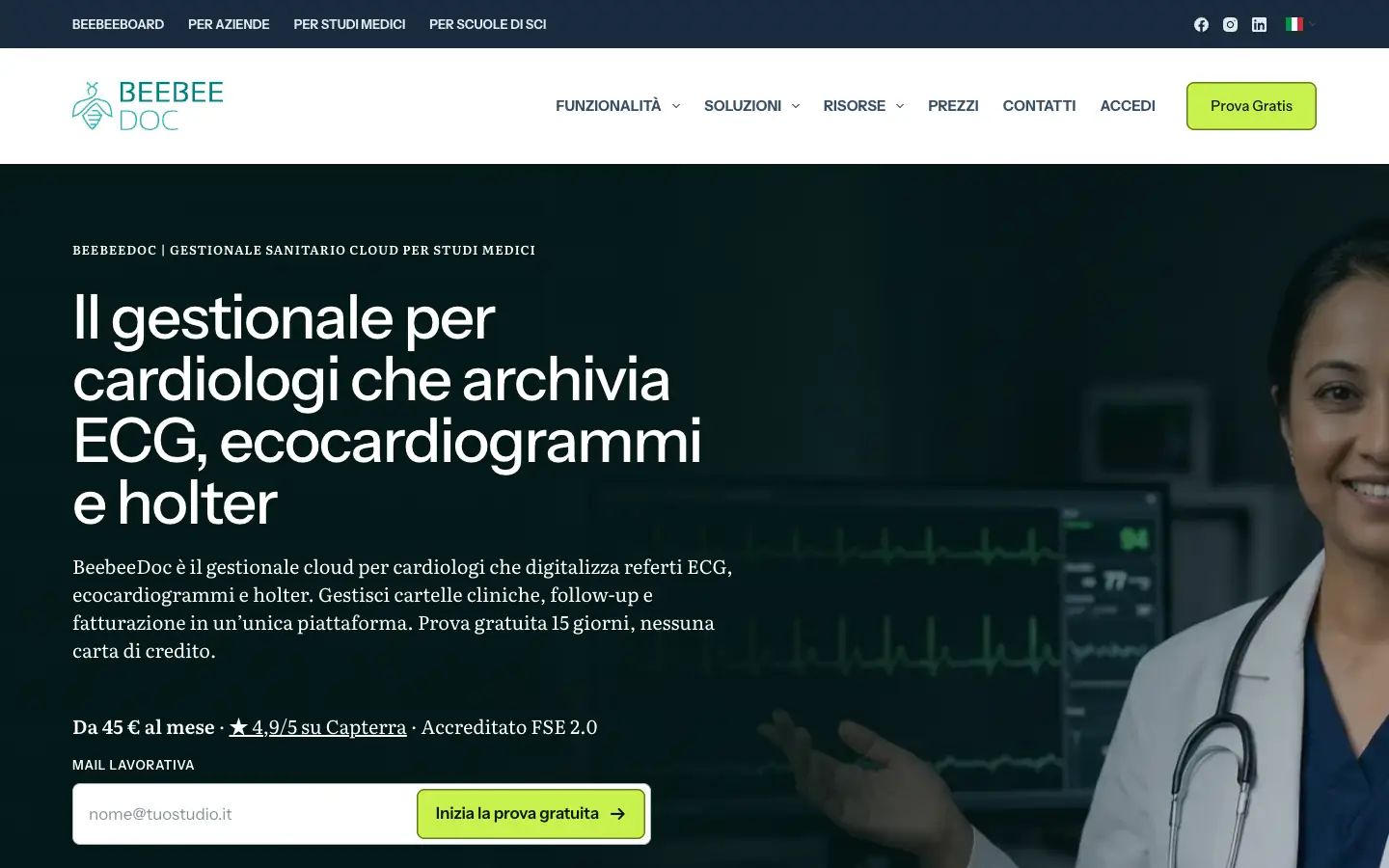 Pagina di BeebeeDoc per cardiologi con il titolo «Il gestionale per cardiologi che archivia ECG, ecocardiogrammi e holter»