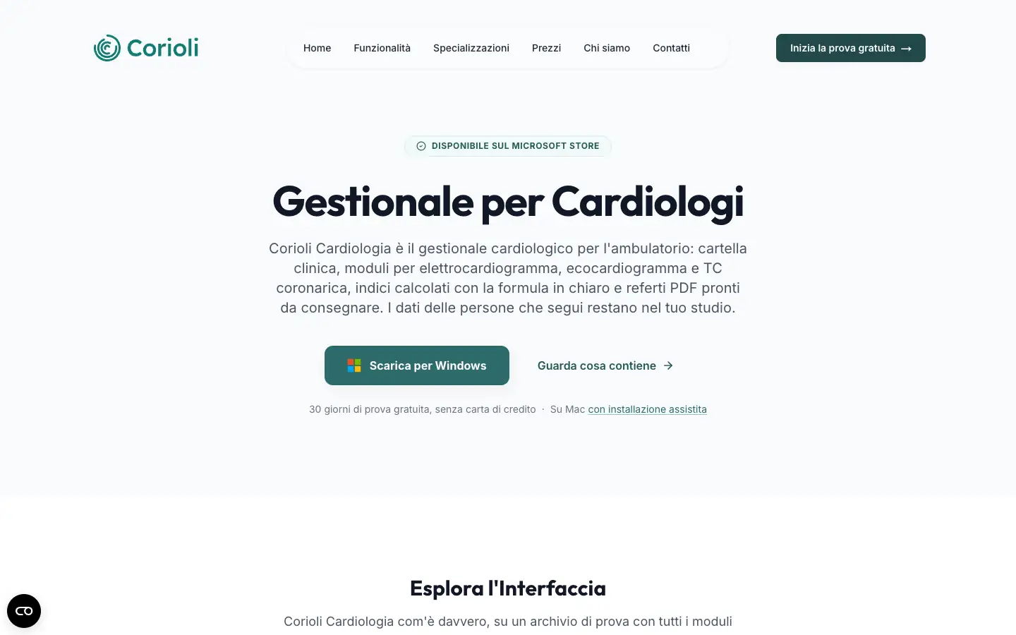 Pagina di Corioli «Gestionale per Cardiologi» con il pulsante di installazione per Windows e la prova gratuita di 30 giorni