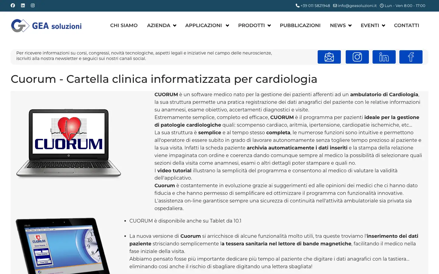Pagina di GEA Soluzioni dedicata a Cuorum, cartella clinica informatizzata per cardiologia