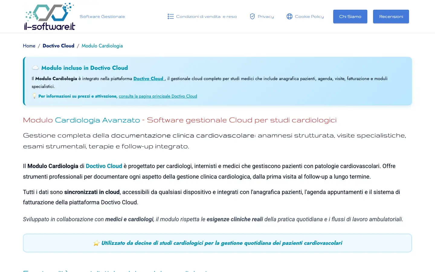 Pagina di Doctivo Cloud dedicata al Modulo Cardiologia avanzato per studi cardiologici
