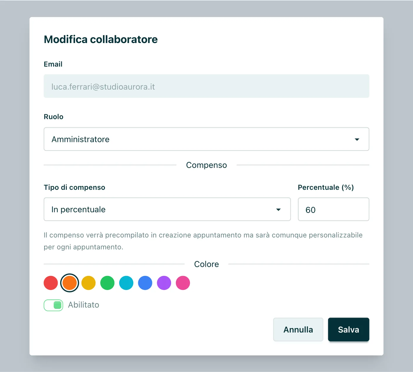 Appuntoo: modifica di un collaboratore con ruolo, compenso in percentuale e colore in agenda