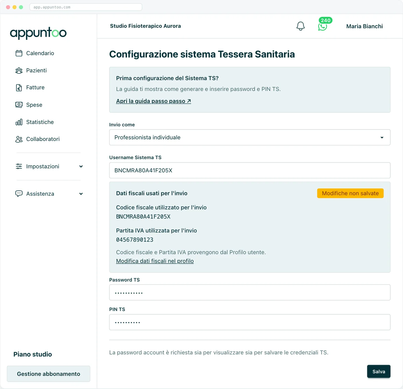 Pagina di configurazione Sistema TS di Appuntoo con invio come professionista individuale, username, dati fiscali, password e PIN