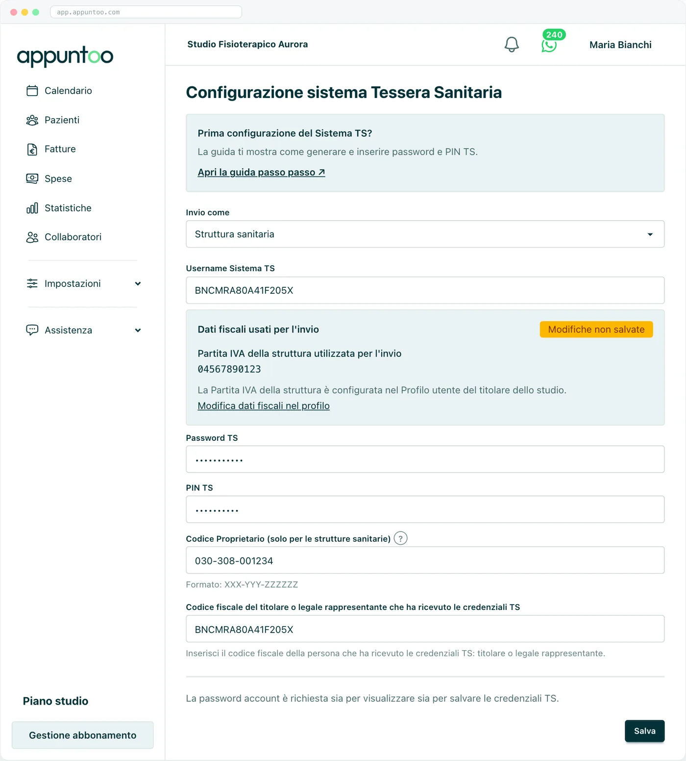 Impostazioni Sistema TS di Appuntoo con Invio come struttura sanitaria, Codice Proprietario e codice fiscale del titolare
