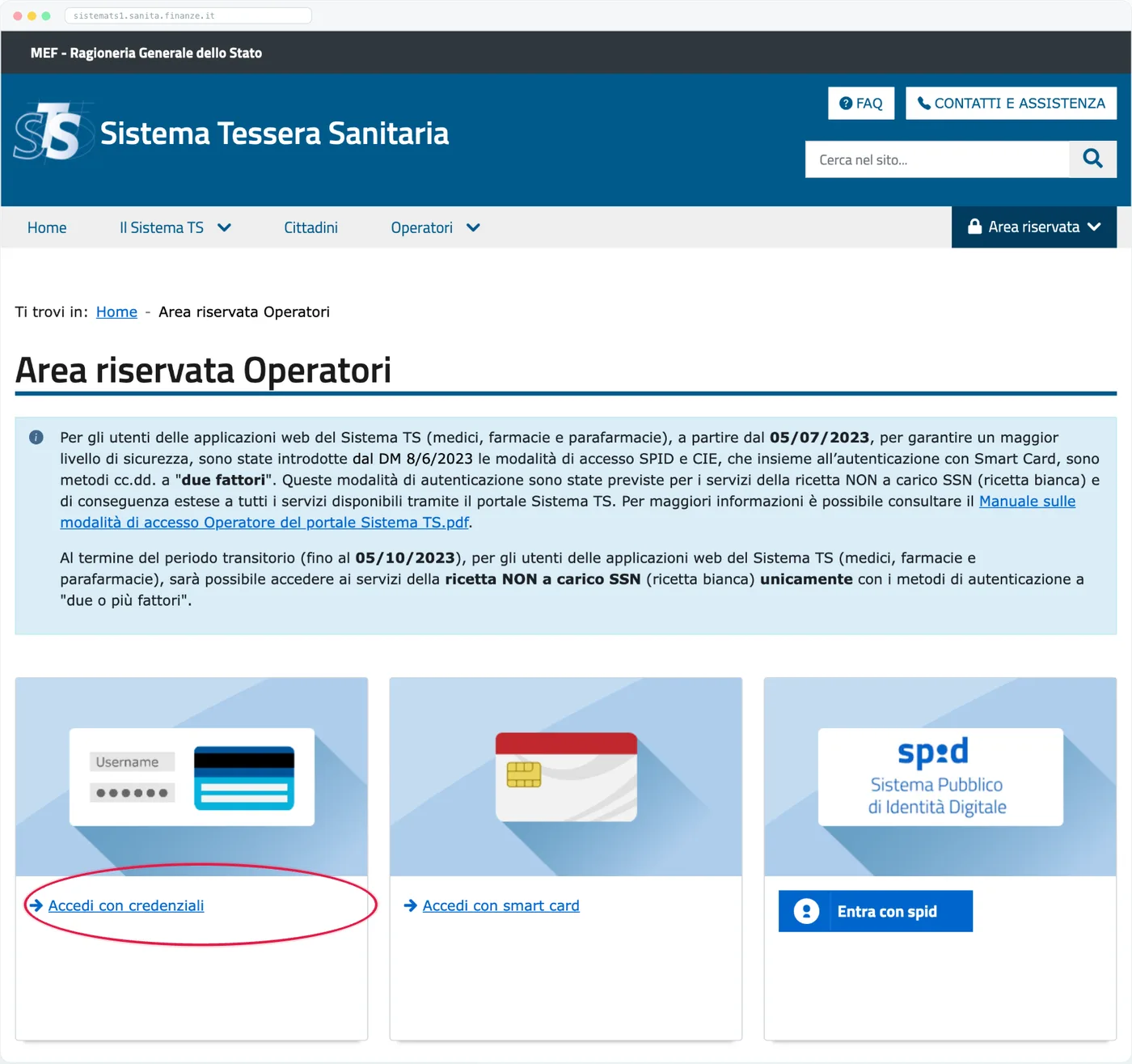 Pagina Area riservata Operatori del portale Sistema TS con le tre modalità di accesso: credenziali, smart card e SPID