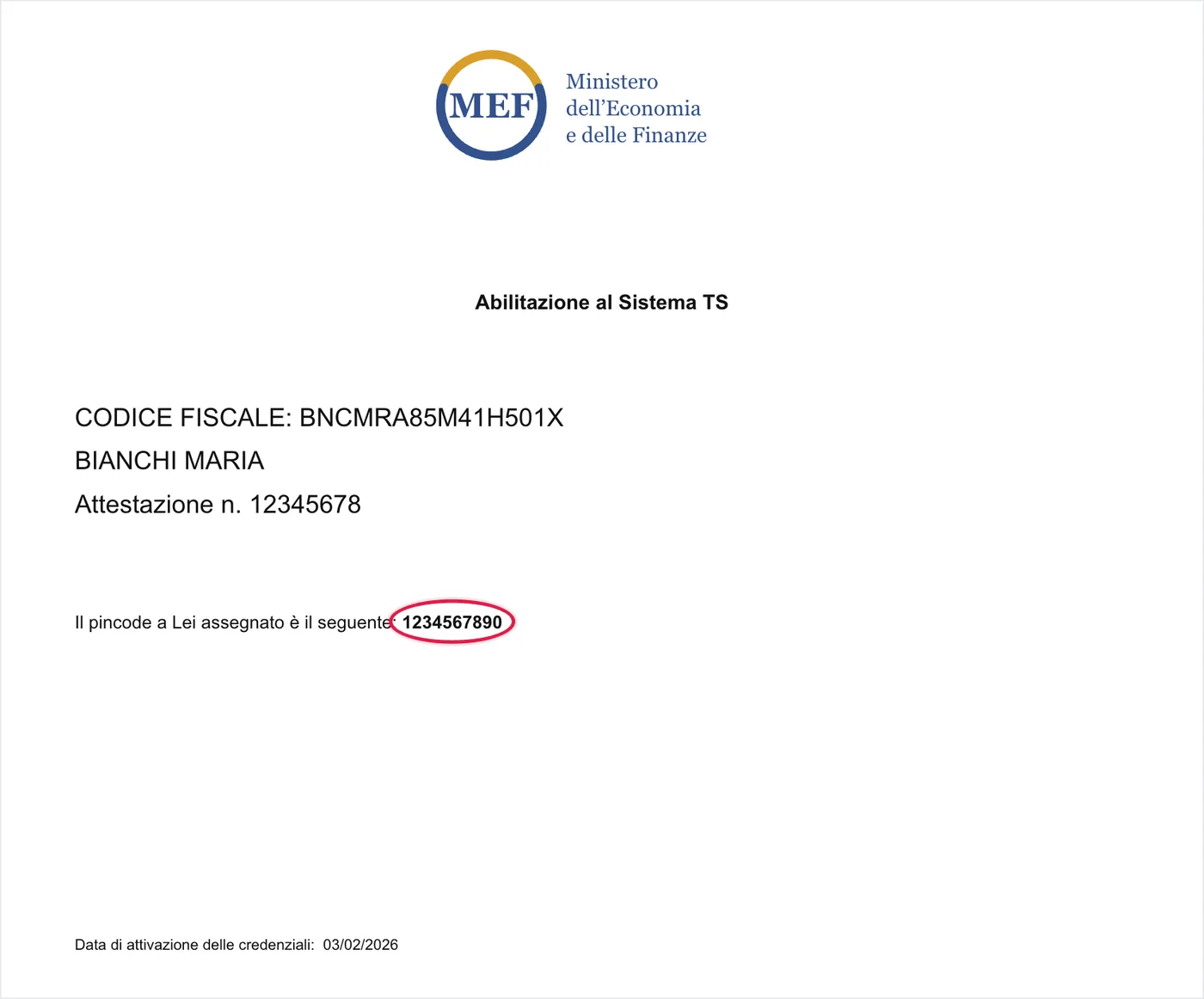 Documento Abilitazione al Sistema TS con la riga che riporta il pincode assegnato