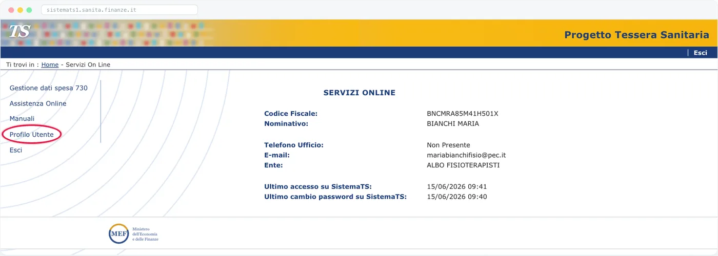 Schermata Servizi online del portale Sistema TS con i dati dell'account, l'ultimo accesso e l'ultimo cambio password