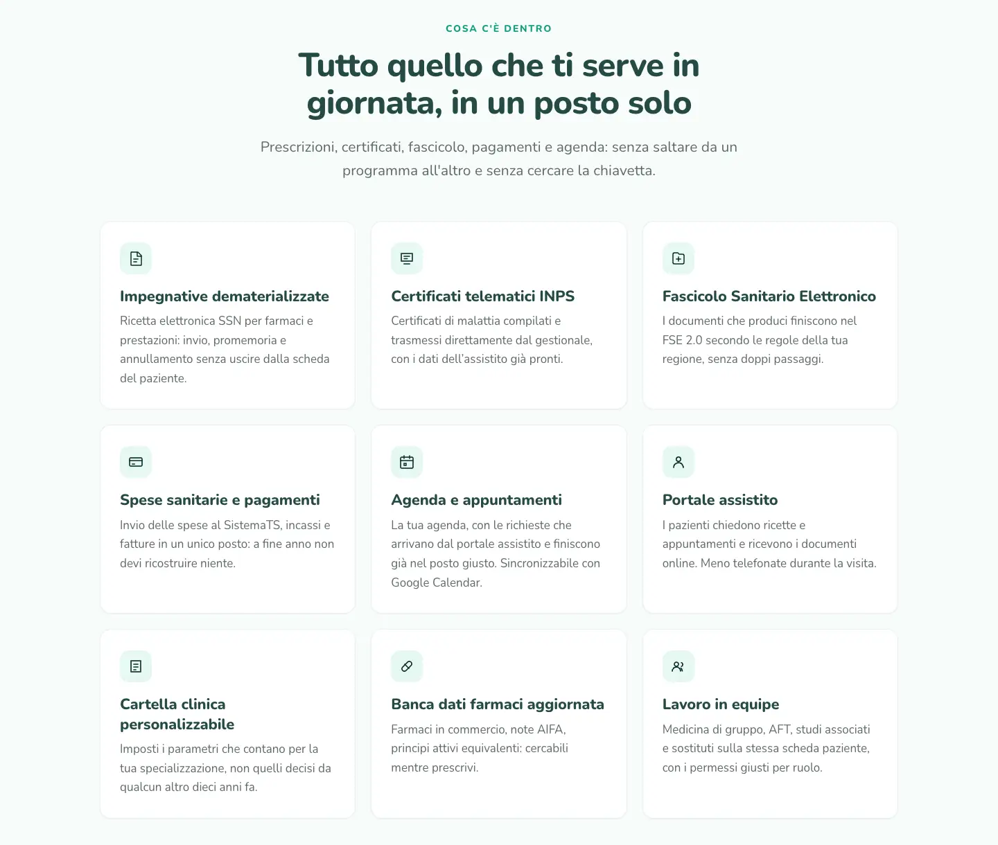 Sezione «Cosa c'è dentro» di Docunque con impegnative dematerializzate, certificati telematici INPS, Fascicolo Sanitario Elettronico, spese sanitarie e pagamenti, agenda, portale assistito, cartella clinica personalizzabile, banca dati farmaci e lavoro in equipe