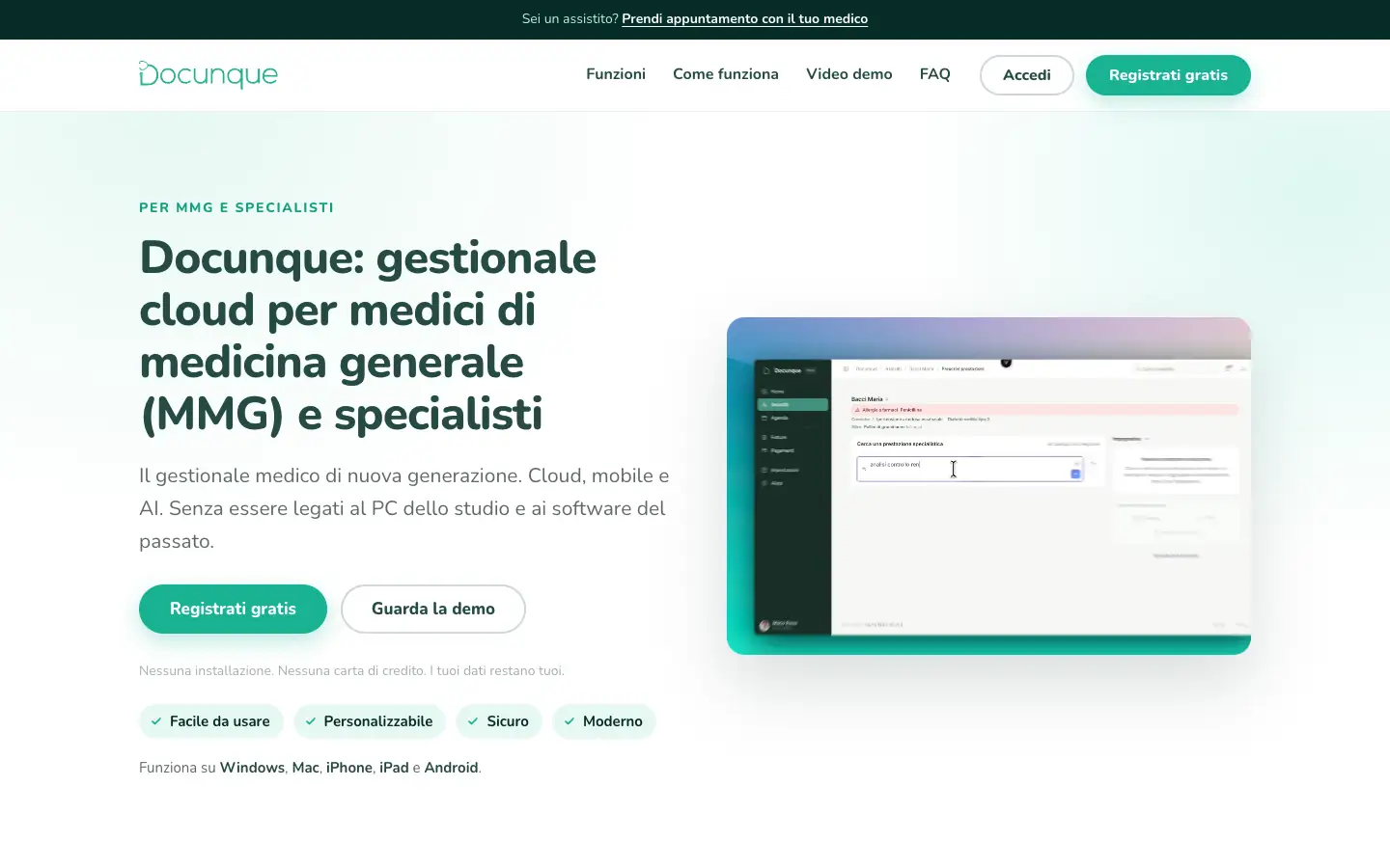 Homepage di Docunque con il titolo «Docunque: gestionale cloud per medici di medicina generale (MMG) e specialisti» e i pulsanti Registrati gratis e Guarda la demo