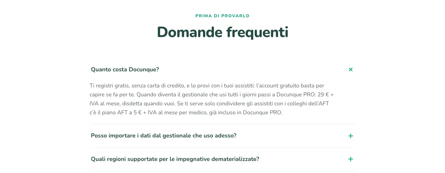 FAQ di Docunque «Quanto costa Docunque?» con la registrazione gratuita, Docunque PRO a 29 euro più IVA al mese e il piano AFT a 5 euro più IVA al mese per medico