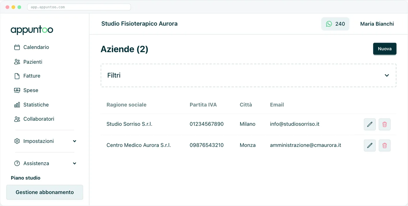Appuntoo: elenco Aziende con ragione sociale, partita IVA, città ed email dei committenti registrati per la fatturazione B2B