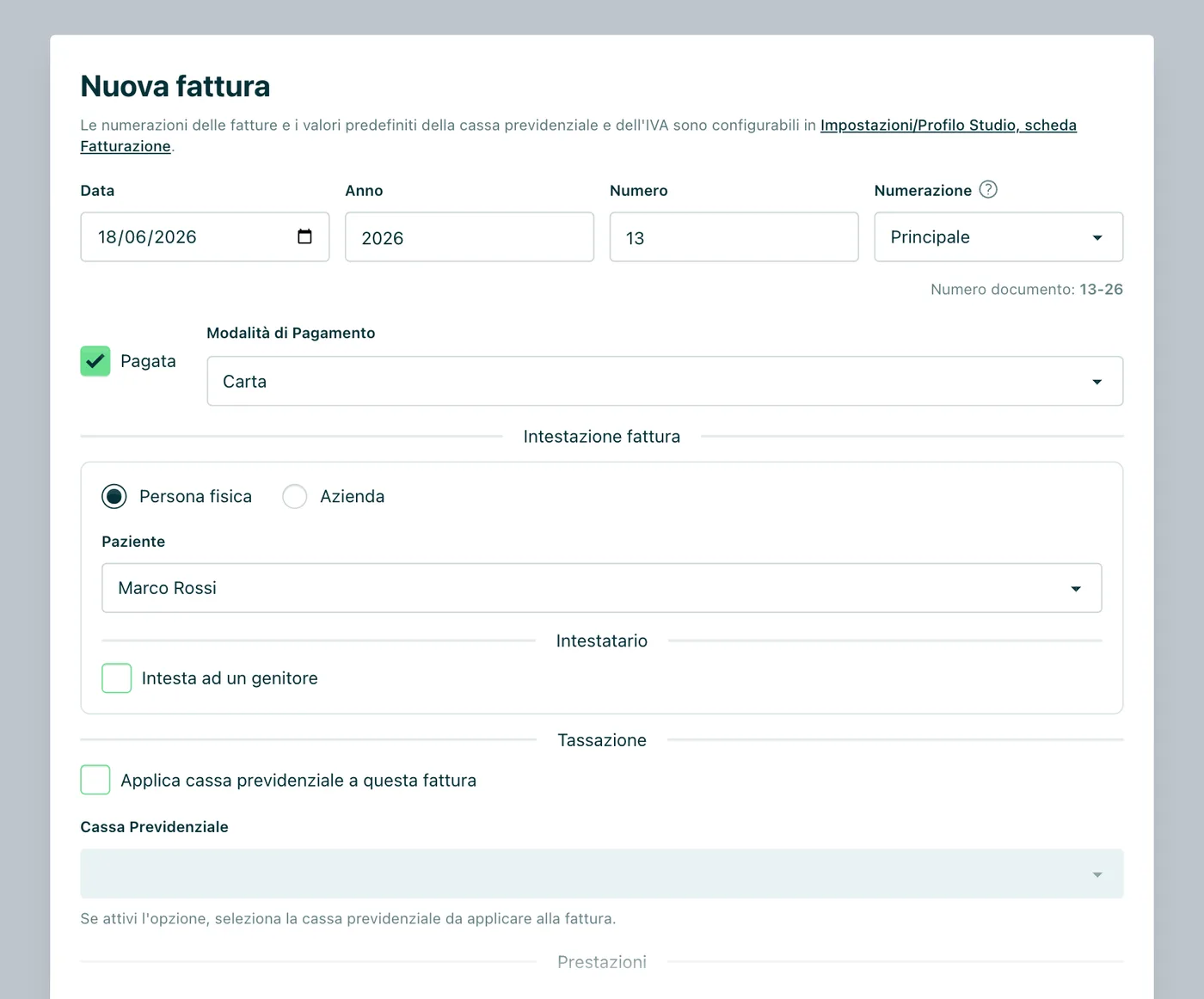 Appuntoo: finestra Nuova fattura con data, numerazione, pagamento, intestatario e cassa previdenziale