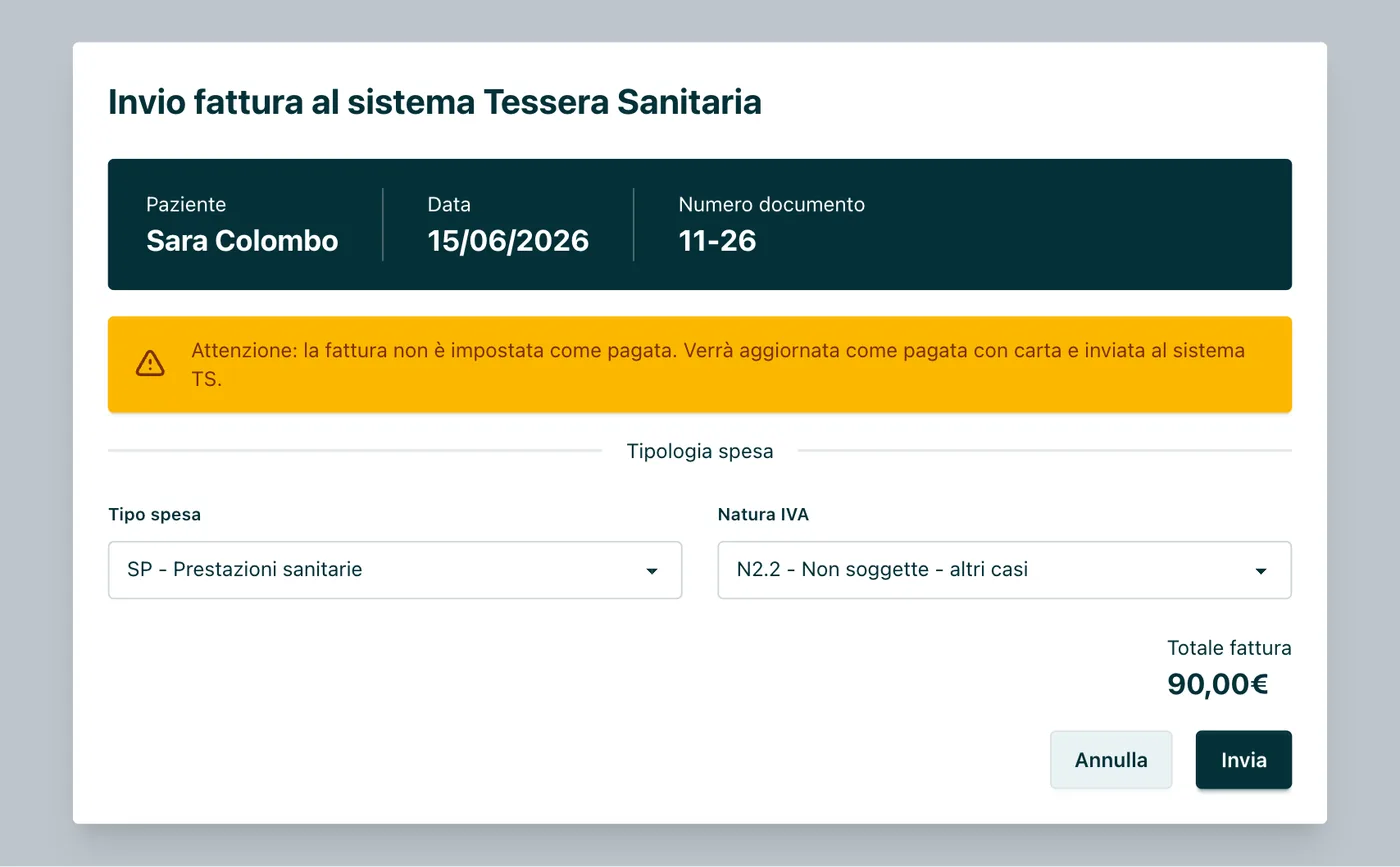 Appuntoo: finestra di invio della fattura al Sistema Tessera Sanitaria con tipo di spesa e natura IVA