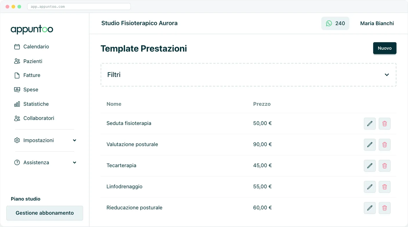 Appuntoo: elenco dei template di prestazione con durata e prezzo