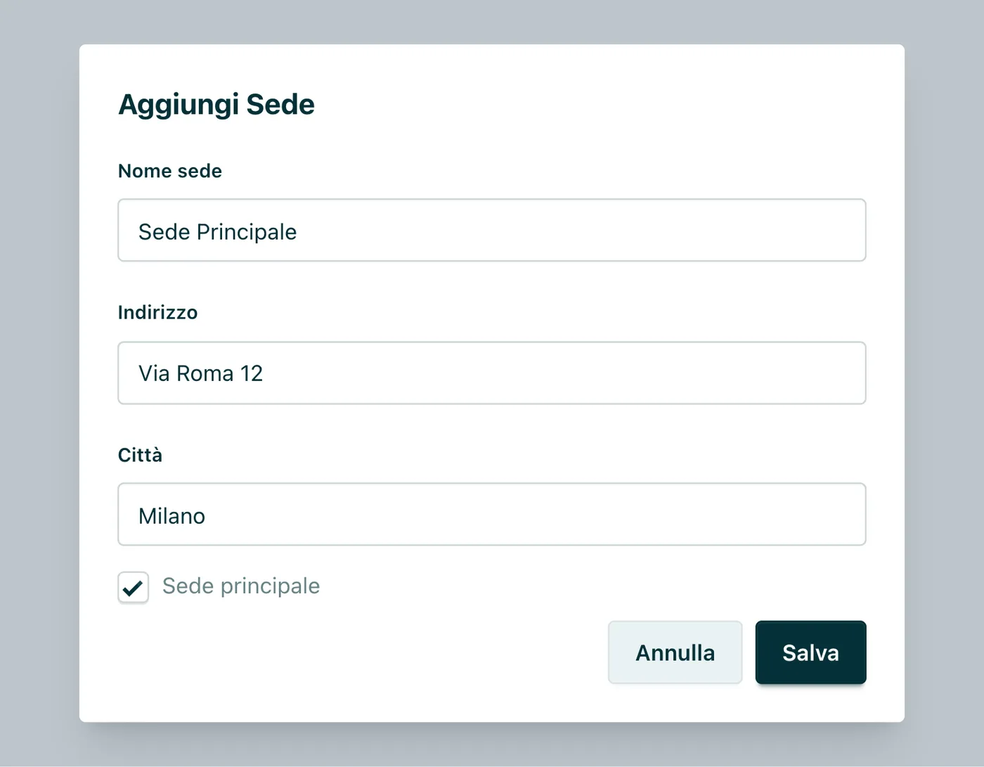 Appuntoo: finestra Aggiungi sede con nome, indirizzo, città e sede principale