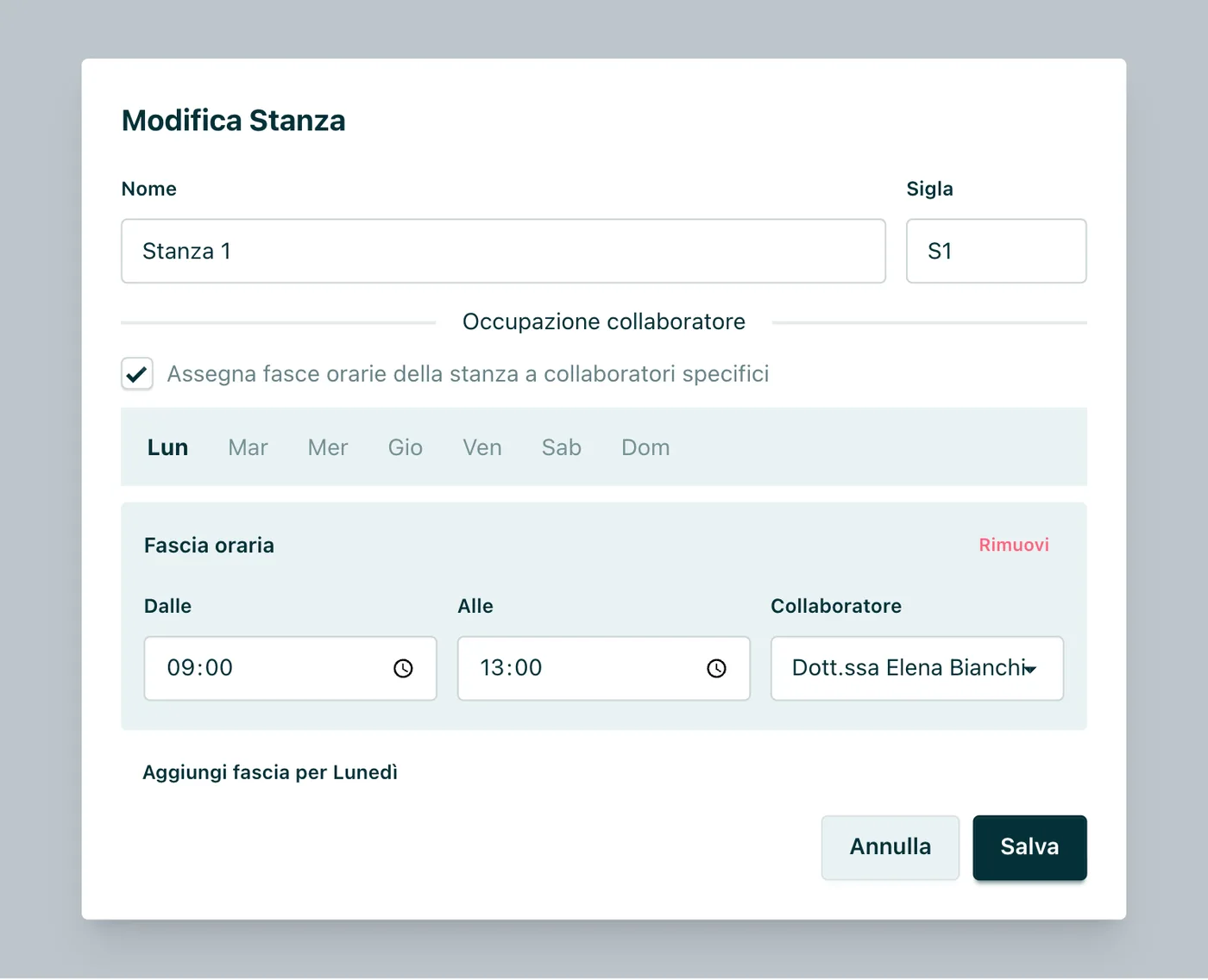 Appuntoo: modifica di una stanza con fasce orarie assegnate a un collaboratore specifico