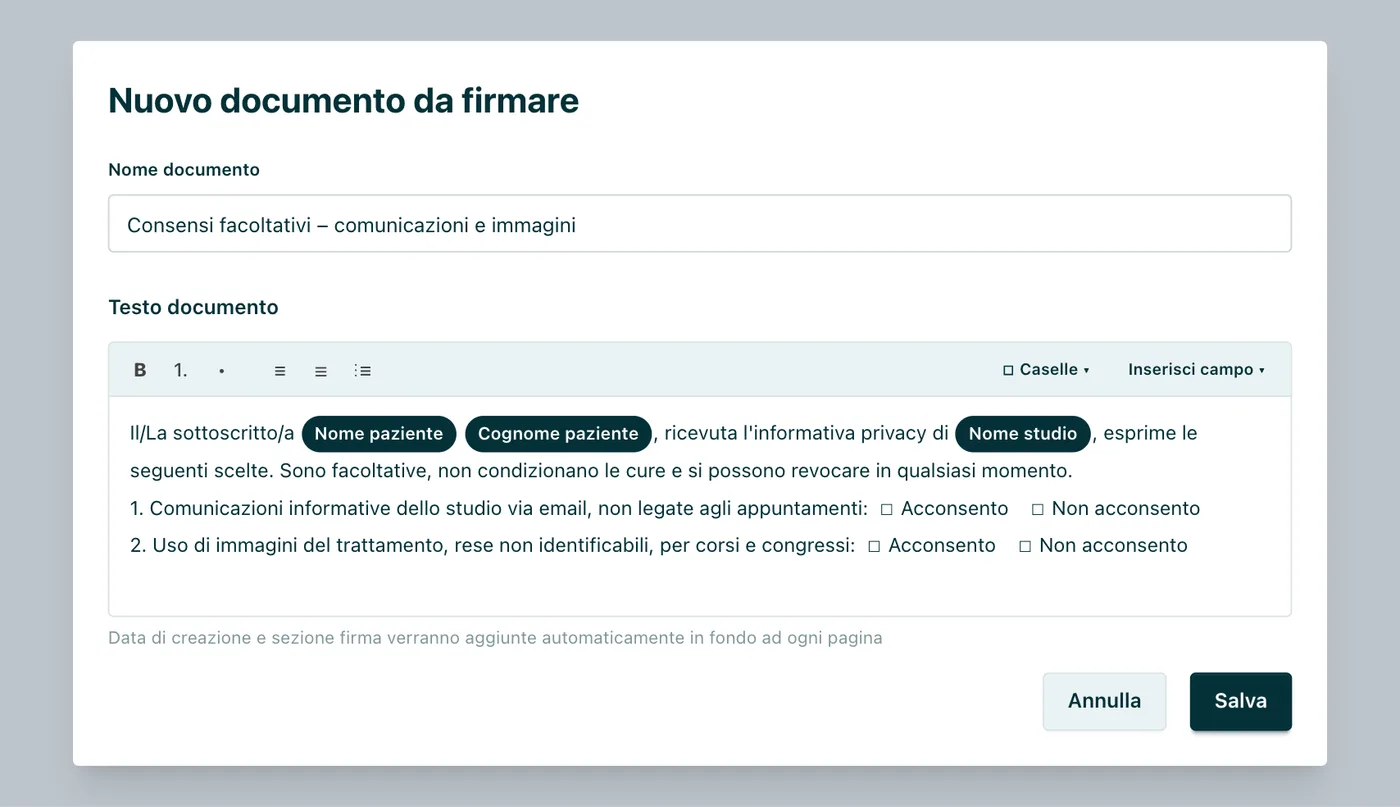 Appuntoo - Nuovo documento da firmare con i consensi facoltativi per comunicazioni e immagini e le caselle Acconsento e Non acconsento