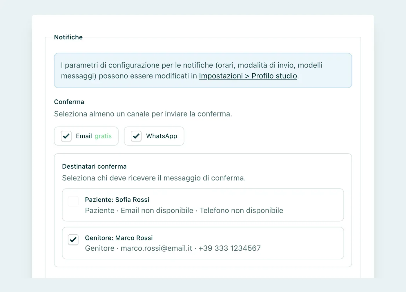 Appuntoo - Destinatari della conferma di un appuntamento: paziente minorenne senza recapiti e genitore collegato selezionato, con i canali Email e WhatsApp