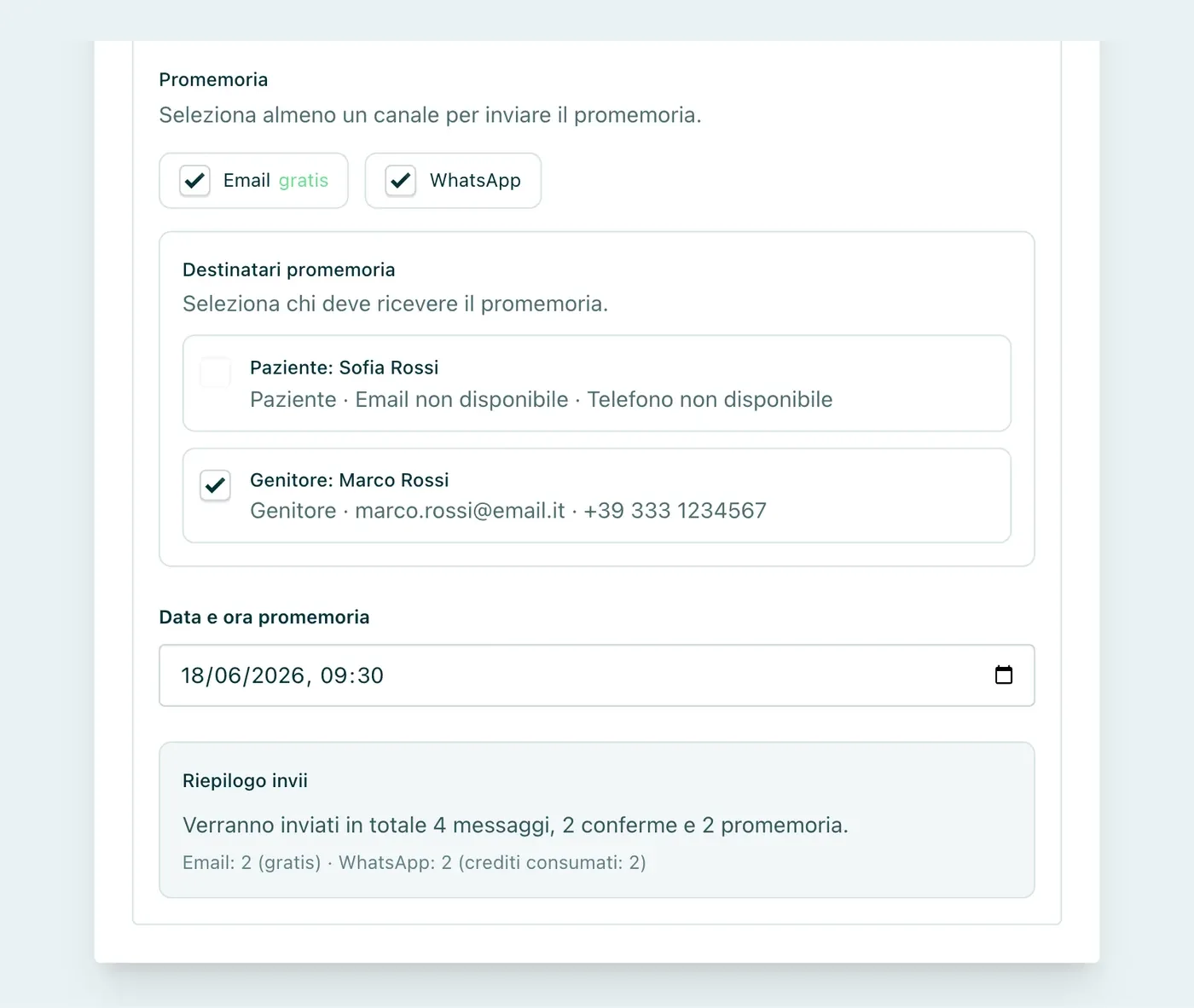 Appuntoo - Promemoria dell'appuntamento con Destinatari promemoria, paziente minorenne senza recapiti, genitore selezionato e riepilogo invii