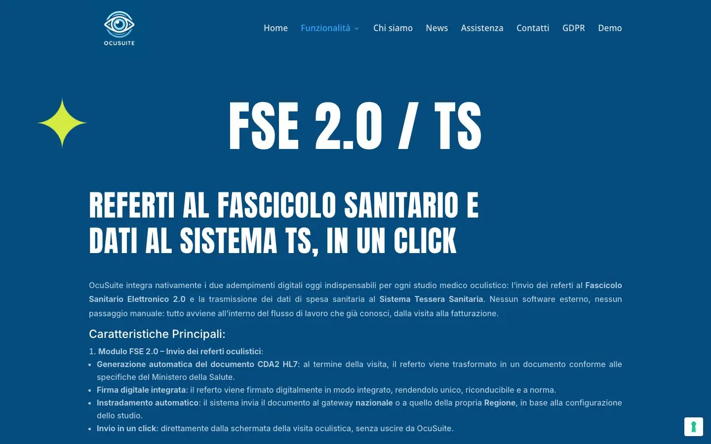 Pagina di OcuSuite dedicata all'invio dei referti al FSE 2.0 e dei dati al Sistema TS