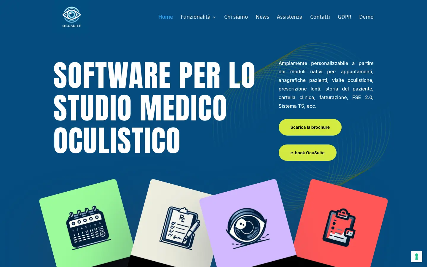 Homepage di OcuSuite con il titolo «Software per lo studio medico oculistico» e l'elenco dei moduli