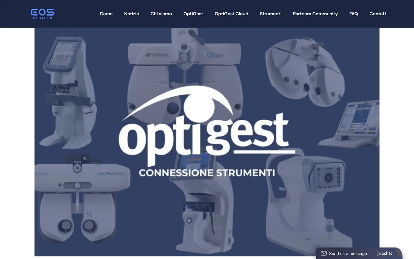 Pagina di EosMedTech dedicata alla connessione degli strumenti in OptiGest Cloud, con forotteri, frontifocometri e tonometri