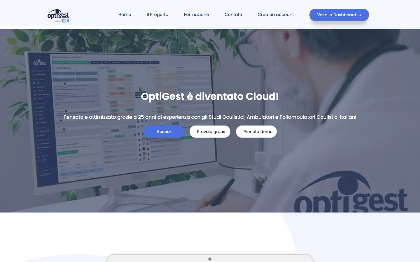 Homepage di OptiGest Cloud con il titolo «OptiGest è diventato Cloud» e i pulsanti Accedi, Provalo gratis e Prenota demo