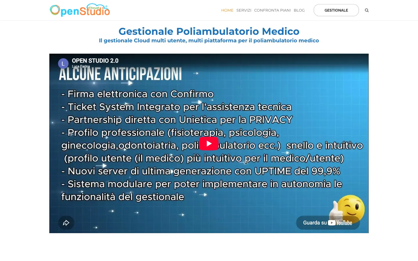 Homepage di OpenStudio con il titolo «Gestionale Poliambulatorio Medico» e il video «OPEN STUDIO 2.0» con le anticipazioni della nuova versione