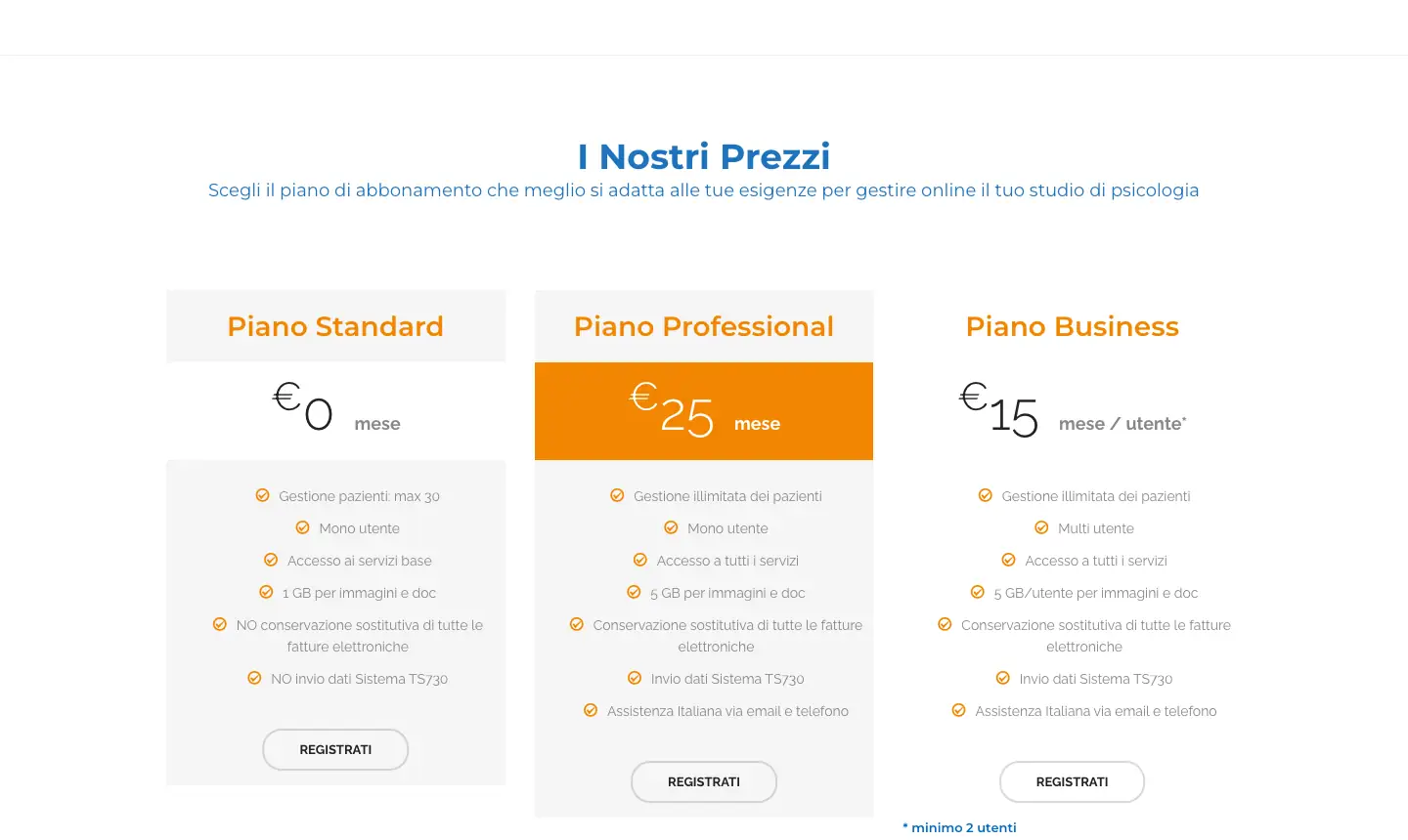 Listino di OpenStudio per lo studio di psicologia: Standard a 0 euro, Professional a 25 euro al mese e Business a 15 euro al mese per utente con minimo 2 utenti
