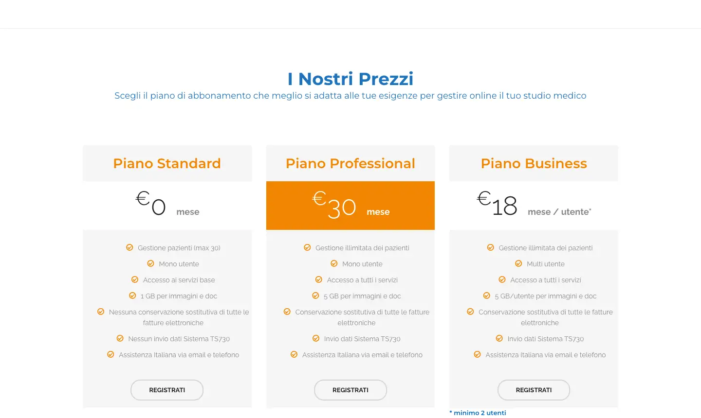 Listino di OpenStudio per lo studio medico: Standard a 0 euro, Professional a 30 euro al mese e Business a 18 euro al mese per utente