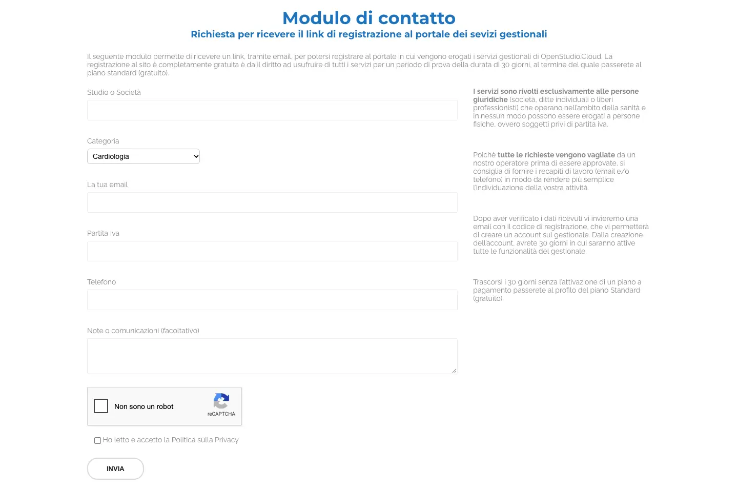 Modulo di OpenStudio per richiedere il link di registrazione, con partita IVA obbligatoria e la nota che tutte le richieste vengono vagliate da un operatore