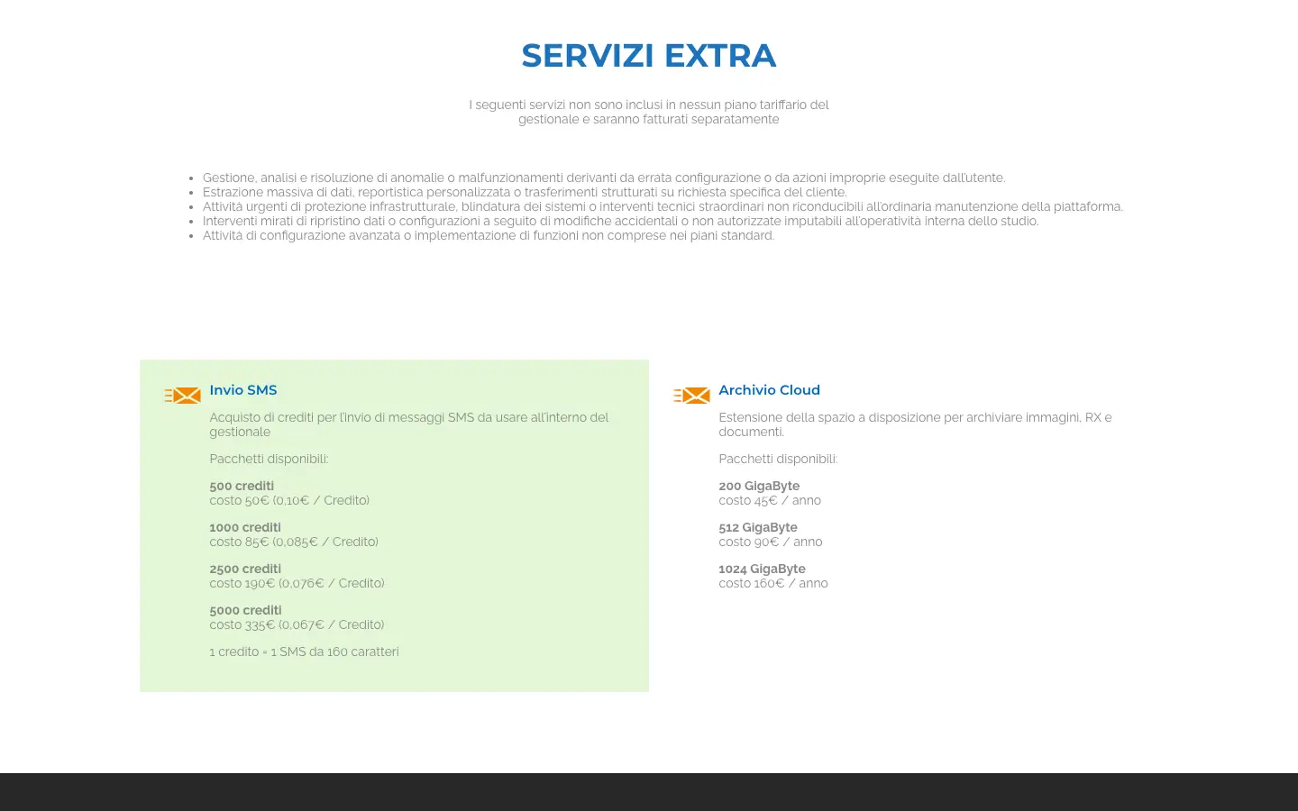 Servizi extra di OpenStudio fatturati a parte, con i pacchetti di crediti SMS da 500 a 5.000 e i pacchetti di archivio cloud da 200 GB a 1 TB