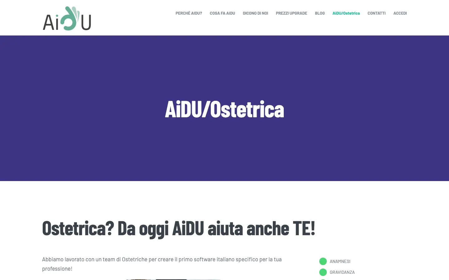 Pagina di AiDU dedicata alle ostetriche, con il titolo AiDU/Ostetrica e l'elenco delle sezioni anamnesi e gravidanza