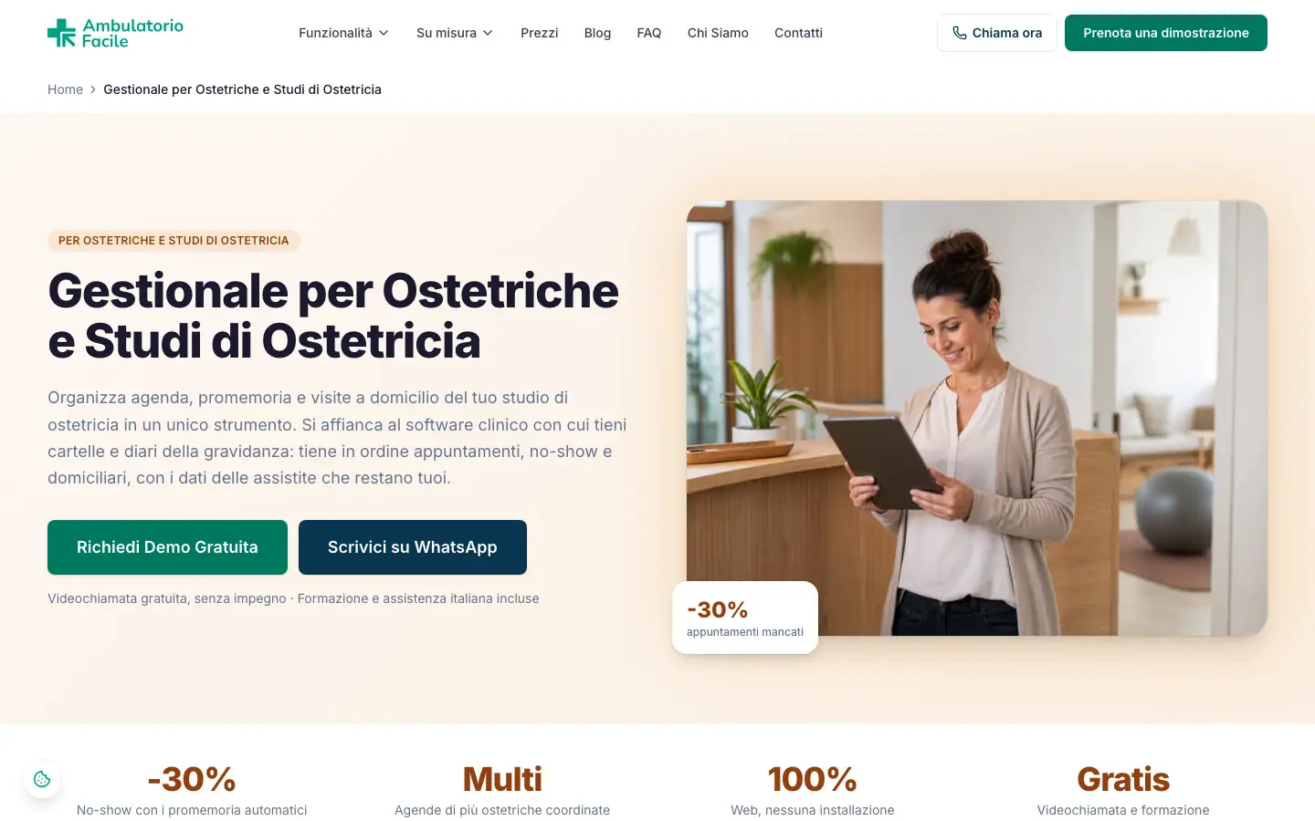 Pagina di Ambulatorio Facile dedicata al gestionale per ostetriche e studi di ostetricia, con i pulsanti per la demo e WhatsApp