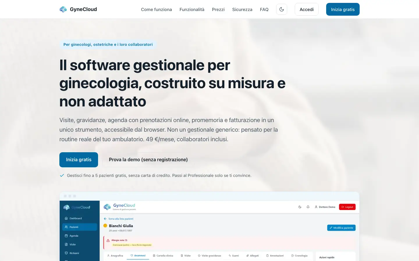 Homepage di GyneCloud con il titolo sul software gestionale per ginecologia e la dicitura per ginecologi, ostetriche e collaboratori