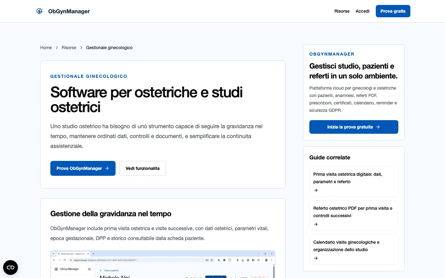 Pagina di ObGynManager dedicata al software per ostetriche e studi ostetrici, con il riquadro sulla prova gratuita