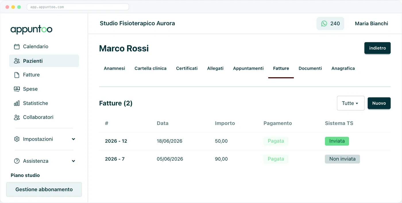 Appuntoo - Fatture collegate alla scheda del paziente