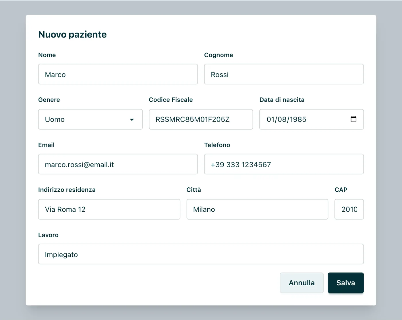 Appuntoo - Form nuovo paziente con tutti i campi anagrafici