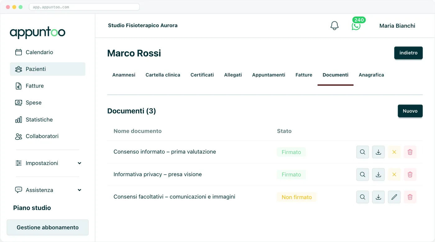 Appuntoo - Scheda paziente, sezione Documenti con consenso informato e informativa privacy in stato Firmato e consensi facoltativi in stato Non firmato