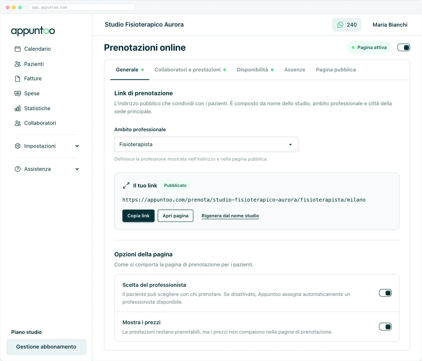 Link pubblico per le prenotazioni online dello studio in Appuntoo