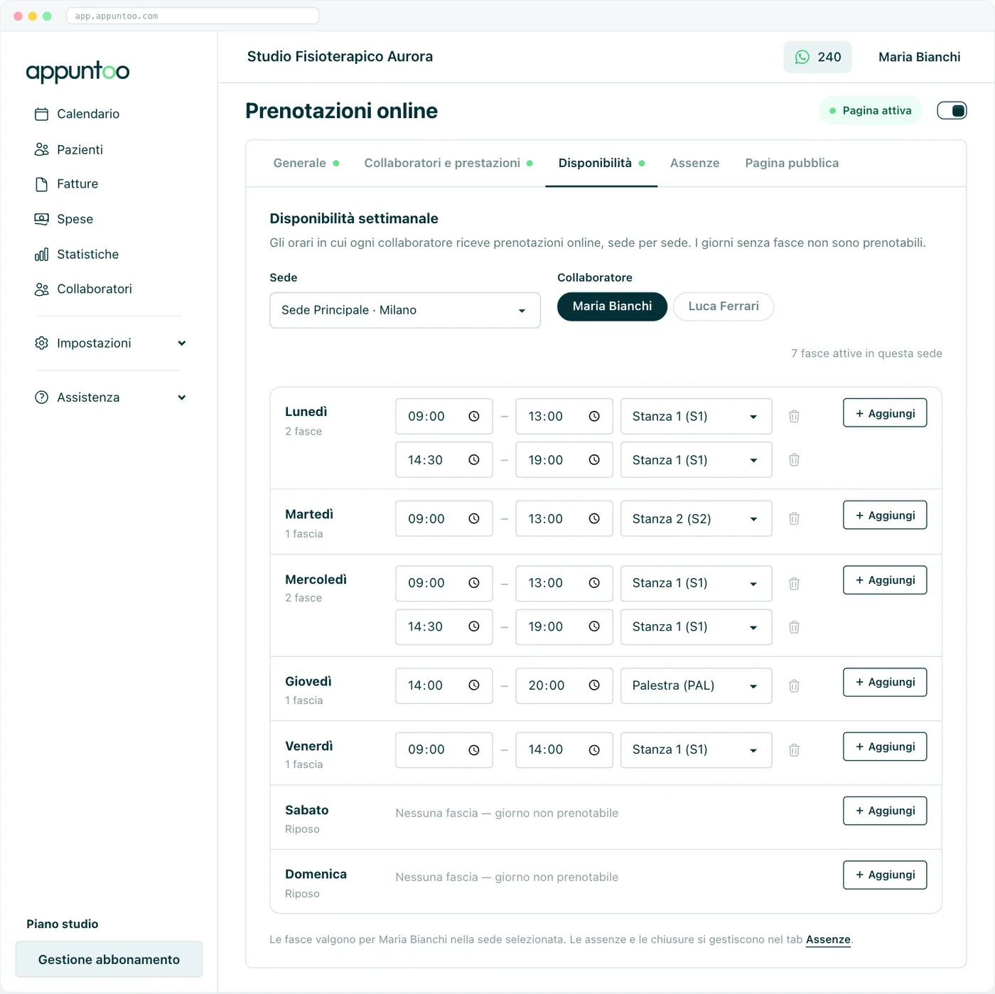 Appuntoo - Disponibilità settimanali per le prenotazioni online